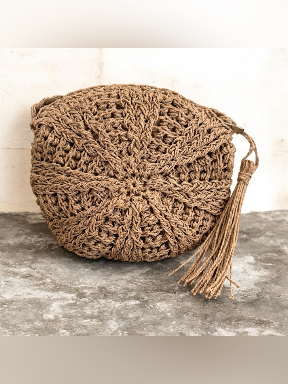 Handwoven Tan Crochet Circle Crossbody Bag with Tassel